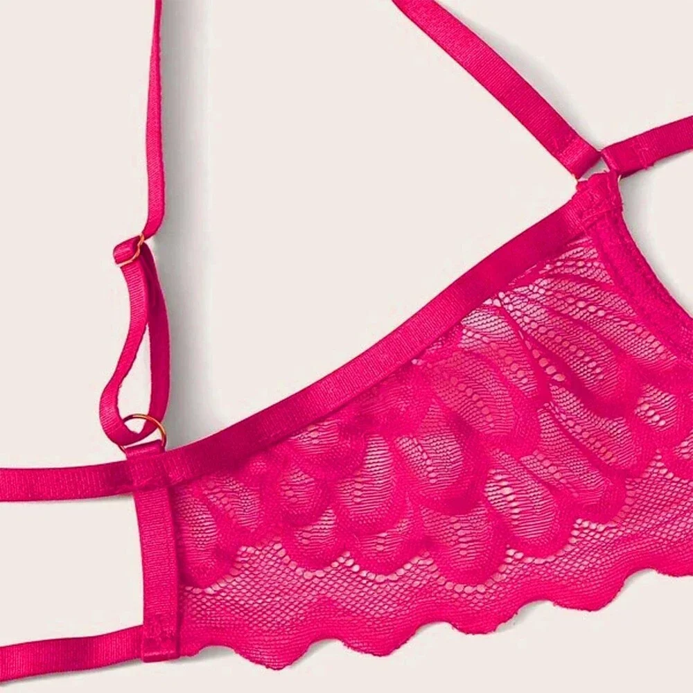 Hot Pink Sheer Lace Lingerie Bra Panty Set 2-Piece M - NWT